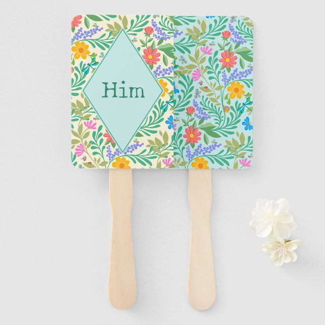 Him Elegant Boho Floral Bridal Wedding Shower Game Hand Fan (Front and Back)