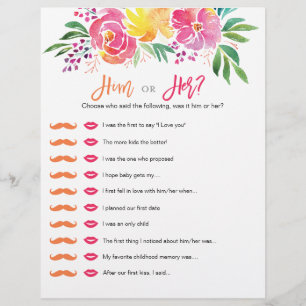 Him or Her Floral Watercolor Bridal Shower Game