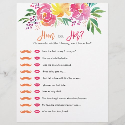 Him or Her Floral Watercolor Bridal Shower Game