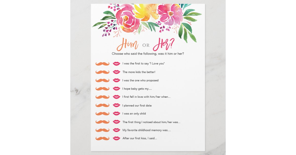 Him or Her Floral Watercolor Bridal Shower Game Zazzle