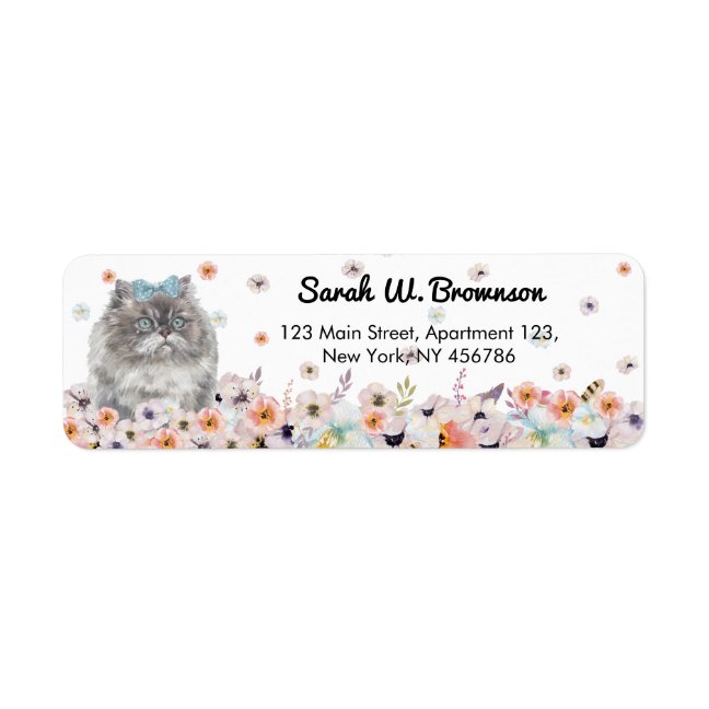 Himalayan cat blue eyes bowtie sitting flowers label