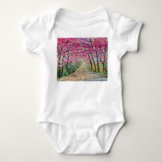 Himalayan Cherry Roadside Watercolor Landscape Baby Bodysuit (Front)