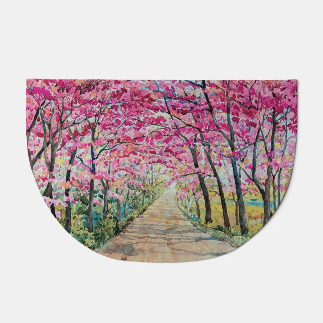 Himalayan Cherry Roadside Watercolor Landscape Doormat (Front)