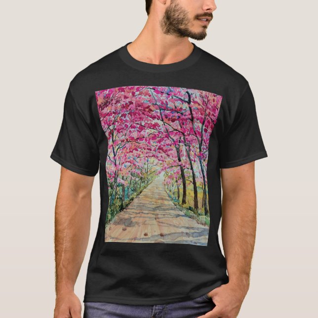 Himalayan Cherry Roadside Watercolor Landscape T-Shirt (Front)