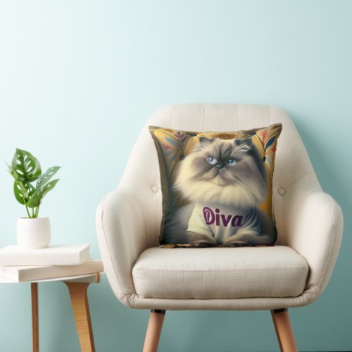 Himalayan Diva Cat On a Chair Throw Pillow