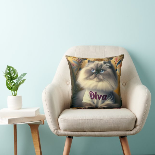 Himalayan Diva Cat On a Chair Throw Pillow (Chair)