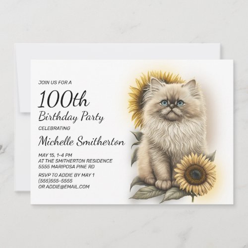 Himalayan Kitten Cat Sunflowers 100th Birthday Invitation