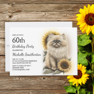 Himalayan Kitten Cat Sunflowers 60th Birthday Invitation