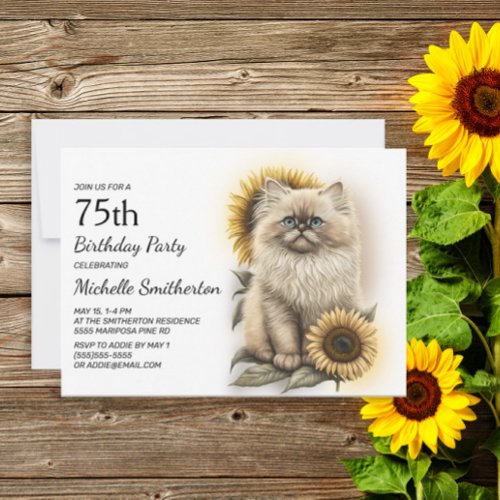 Himalayan Kitten Cat Sunflowers 75th Birthday Invitation