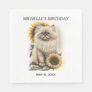 Himalayan Kitten Cat Sunflowers Birthday Name Napkins