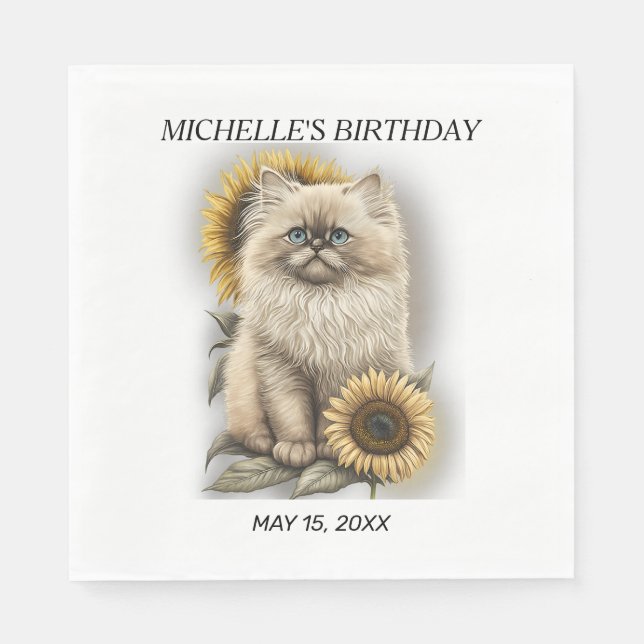 Himalayan Kitten Cat Sunflowers Birthday Name Napkins (Front)