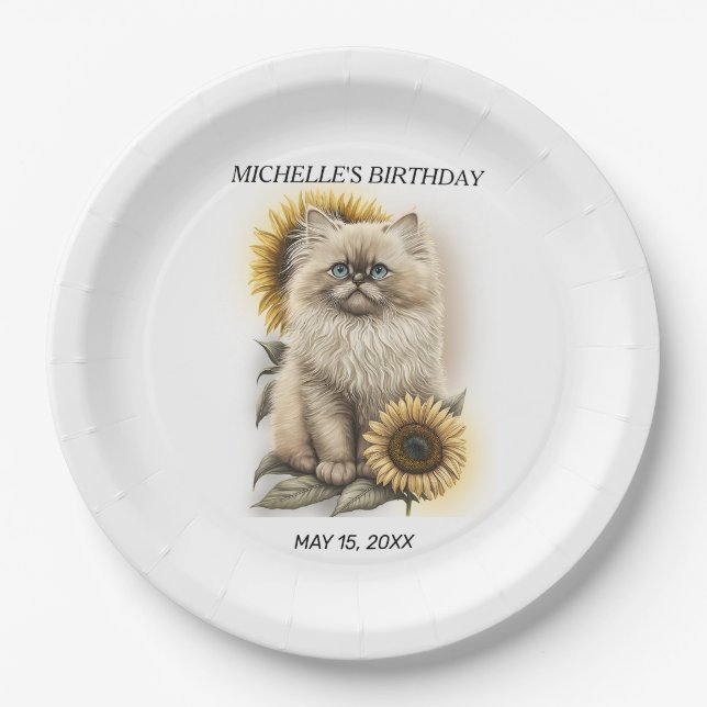 Himalayan Kitten Cat Sunflowers Birthday Name Paper Plates (Front)