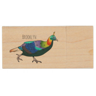 Himalayan monal bird cartoon illustration wood flash drive