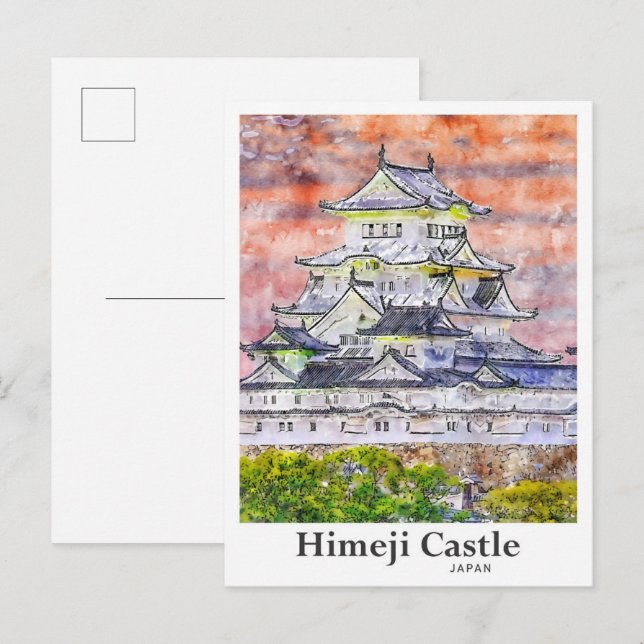 Himeji Castle Japan Travel Watercolor Hand Drawn Postcard (Front/Back)