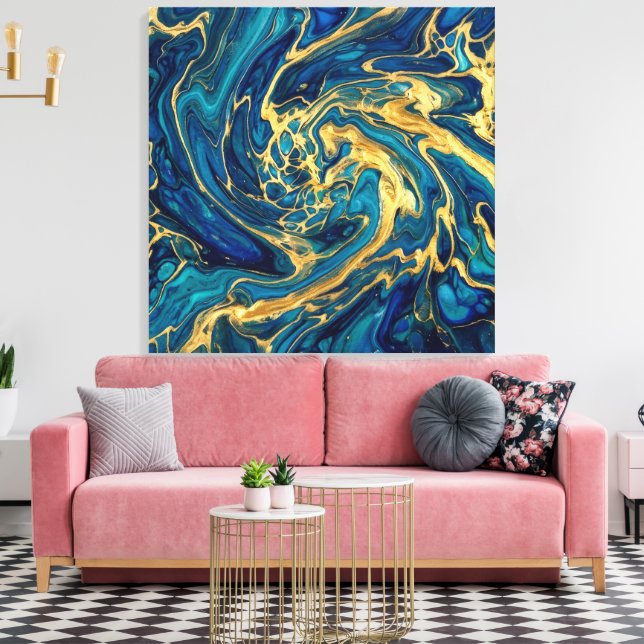 himmering Gold & Deep Sea Blue Fluid Acrylic Abstr Canvas Print (Insitu(LivingRoom))