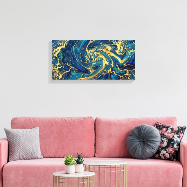 himmering Gold & Deep Sea Blue Fluid Acrylic Abstr Canvas Print (Insitu(LivingRoom))