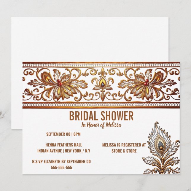Hindi Indian bride gold peacock feather henna chic Invitation (Front/Back)