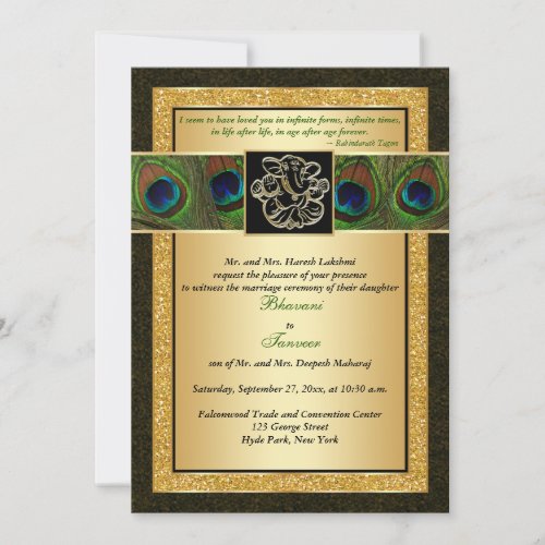 Hindu Ganesh Black Gold Peacock Wedding Invite