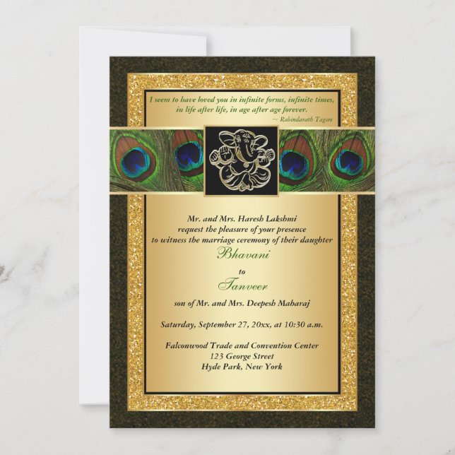 Hindu Ganesh Black, Gold Peacock Wedding Invite (Front)