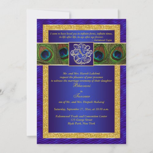 Hindu Ganesh Blue, Gold Peacock Wedding Invite