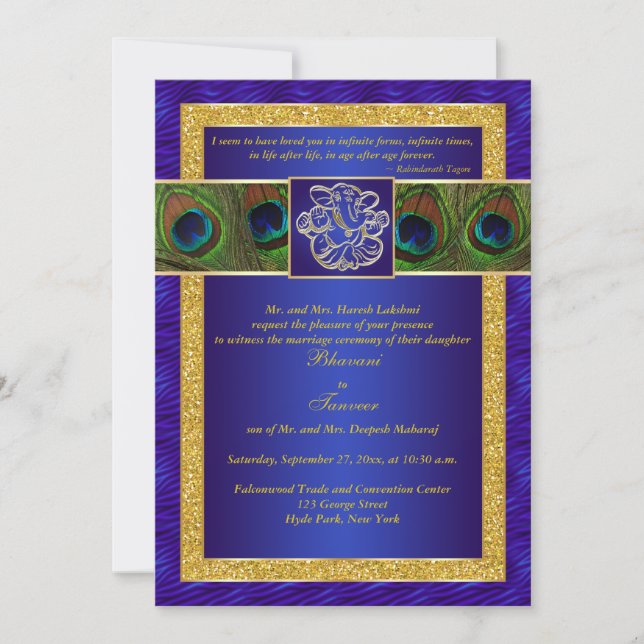 Hindu Ganesh Blue, Gold Peacock Wedding Invite (Front)