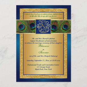 Hindu Ganesh Blue, Gold Peacock Wedding Invite
