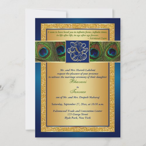 Hindu Ganesh Blue, Gold Peacock Wedding Invite