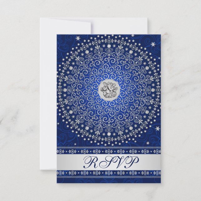 Hindu Ganesh Blue Silver Scrolls Wedding RSVP Card (Front)