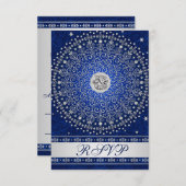 Hindu Ganesh Blue Silver Scrolls Wedding RSVP Card (Front/Back)