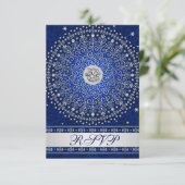 Hindu Ganesh Blue Silver Scrolls Wedding RSVP Card (Standing Front)