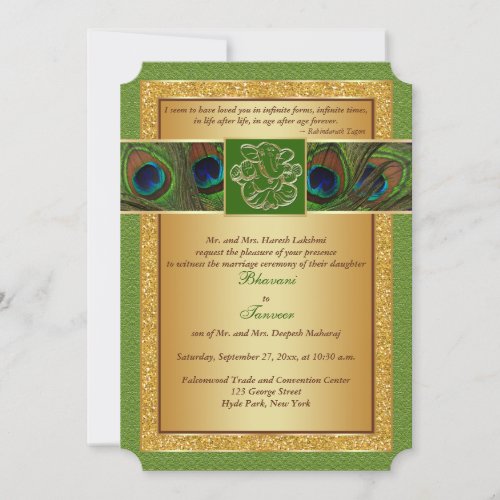Hindu Ganesh Green, Gold Peacock Wedding Invite
