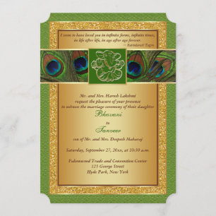 Hindu Ganesh Green, Gold Peacock Wedding Invite