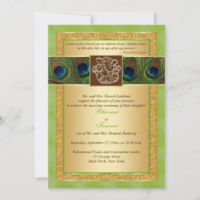 Hindu Ganesh Green, Gold Peacock Wedding Invite 2 (Front)
