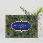 Hindu Ganesh Peacock Feathers Wedding Invite Blue (Standing Front)