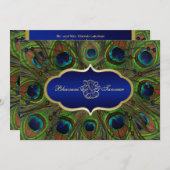 Hindu Ganesh Peacock Feathers Wedding Invite Blue (Front/Back)