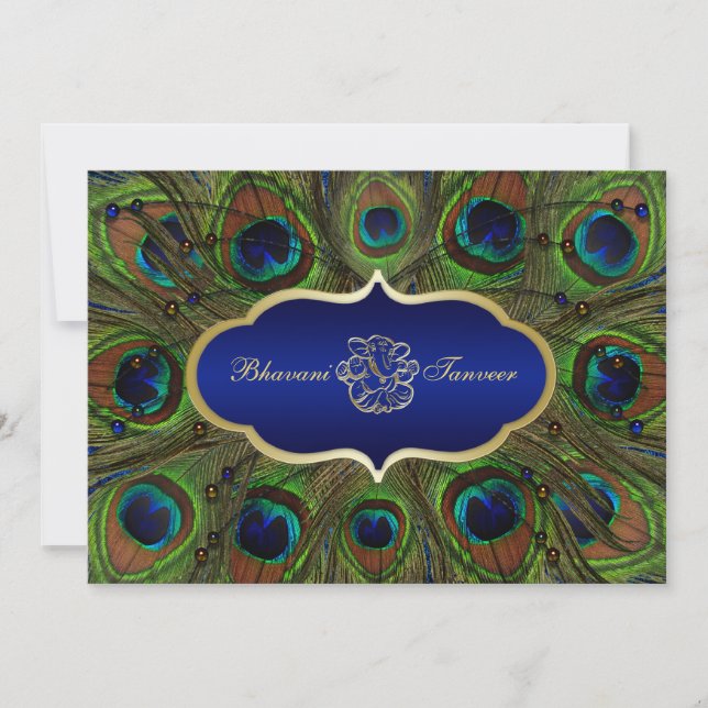 Hindu Ganesh Peacock Feathers Wedding Invite Blue (Front)