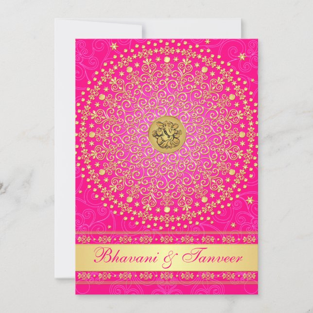 Hindu Ganesh Pink, Gold Scrolls Wedding Invite 2 (Front)