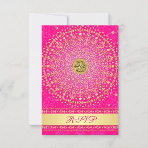 Hindu Ganesh Pink Gold Scrolls Wedding RSVP Card