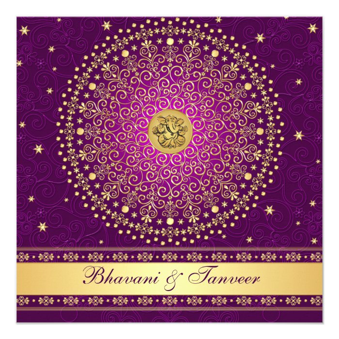 Hindu Ganesh Purple Gold Scrolls Wedding Invite