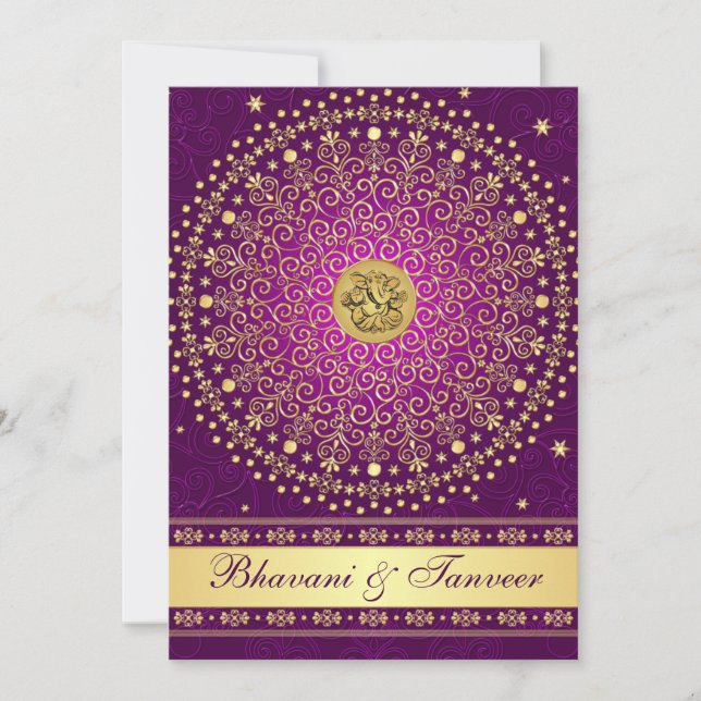 Hindu Ganesh Purple Gold Scrolls Wedding Invite 2 (Front)