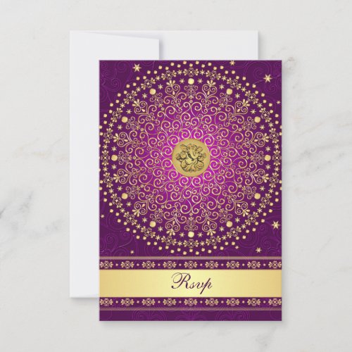 Hindu Ganesh Purple Gold Scrolls Wedding RSVP Card