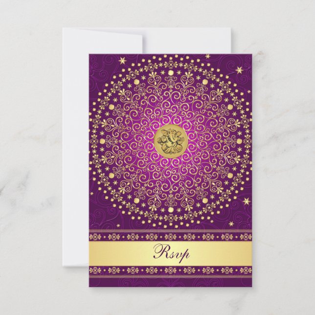 Hindu Ganesh Purple Gold Scrolls Wedding RSVP Card (Front)