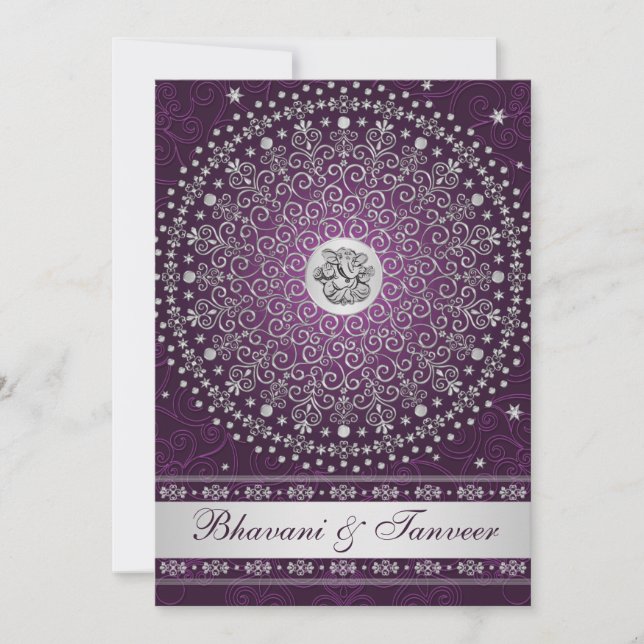 Hindu Ganesh Purple Silver Scroll Wedding Invite 2 (Front)