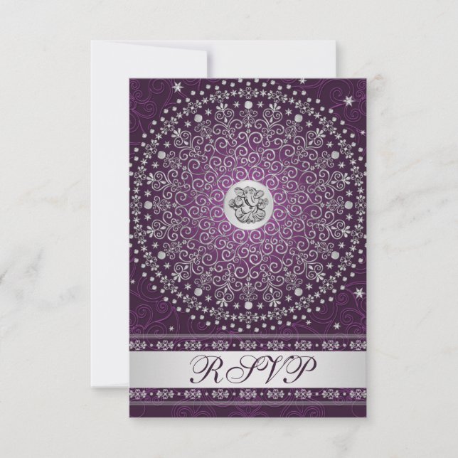 Hindu Ganesh Purple, Silver Scrolls Wedding RSVP Invitation (Front)