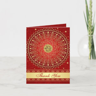 Hindu Ganesh Red Gold Scrolls Stars Thank You Card