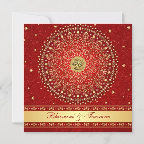 Hindu Ganesh Red, Gold Scrolls Wedding Invite