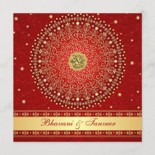 Hindu Ganesh Red, Gold Scrolls Wedding Invite