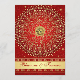 Hindu Ganesh Red Gold Scrolls Wedding Invite 2