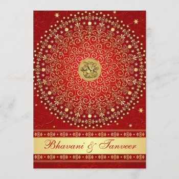 Hindu Ganesh Red Gold Scrolls Wedding Invite 2 by NiteOwlStudio at Zazzle