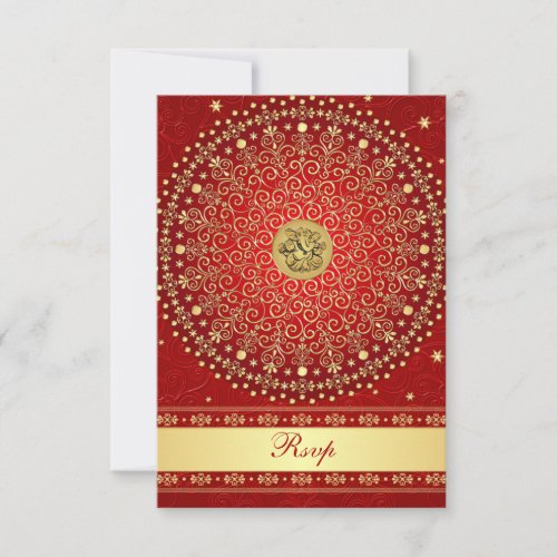 Hindu Ganesh Red Gold Scrolls Wedding RSVP Card